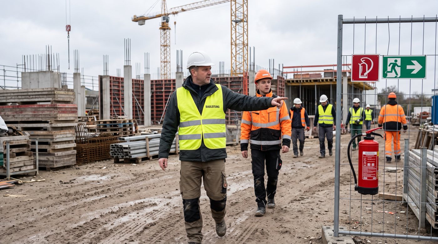 Baustelle: ein Bauleiter zeigt Mitarbeitenden Feuerlöscher und Fluchtweg am Bauzaun, KI-erzeugtes Bild