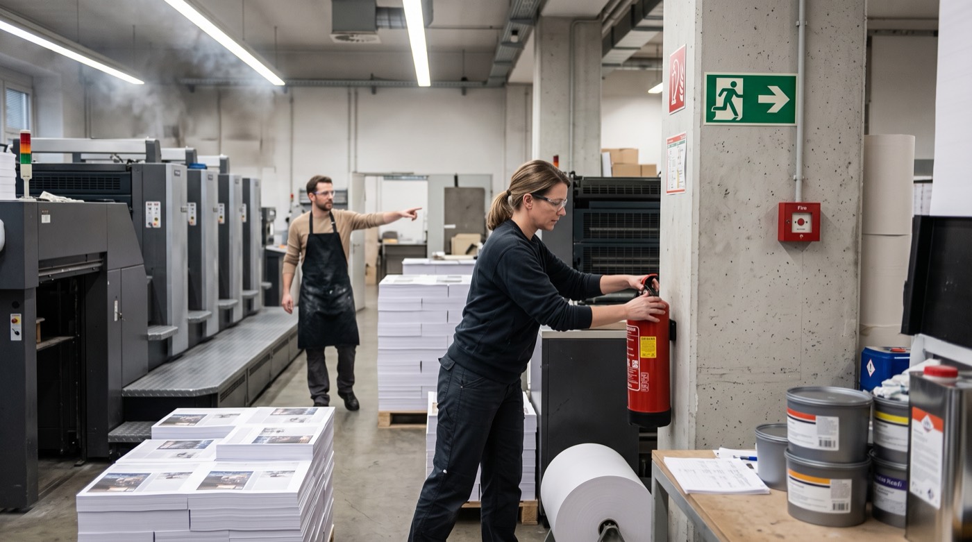 Druckerei mit Druckmaschinen, Papierstapeln und Feuerlöscher, KI-erzeugtes Bild