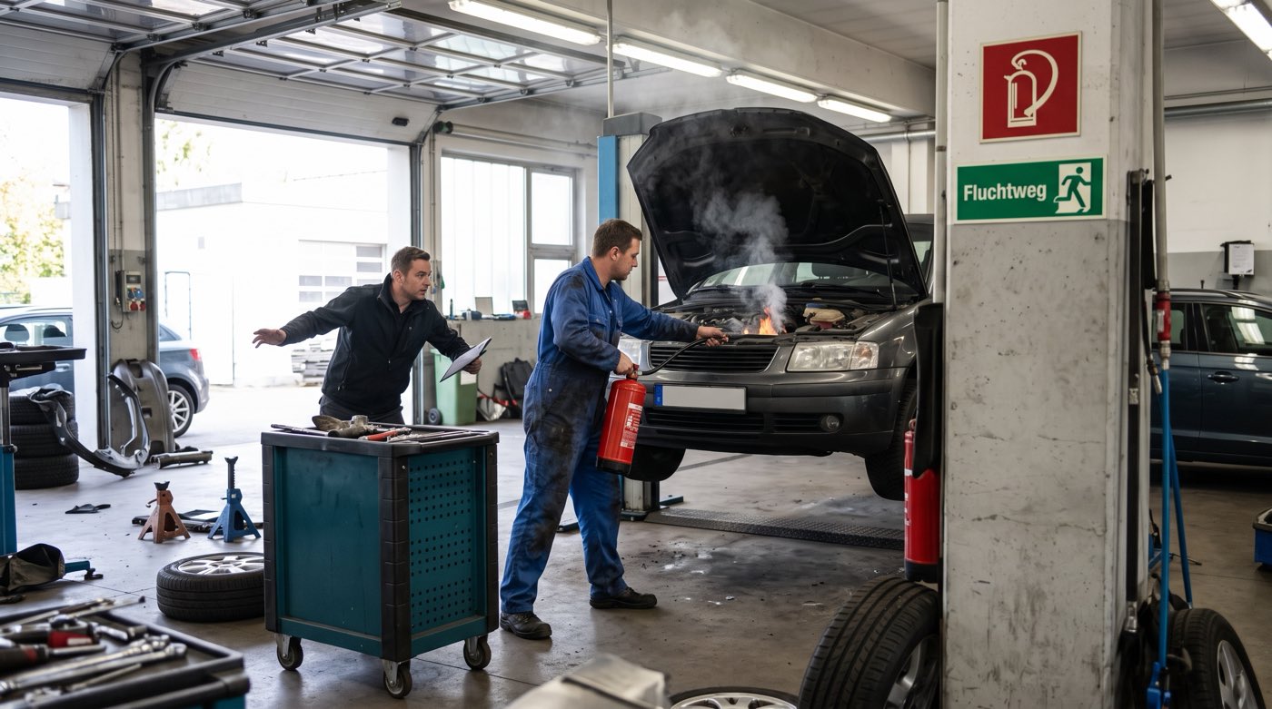 Kfz-Werkstatt: ein Mechaniker löscht einen Brand unter der offenen Motorhaube, KI-erzeugtes Bild