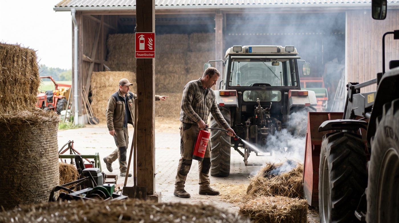 Landwirtschaftlicher Hof: ein Mitarbeiter löscht glimmendes Stroh vor der Scheune, KI-erzeugtes Bild