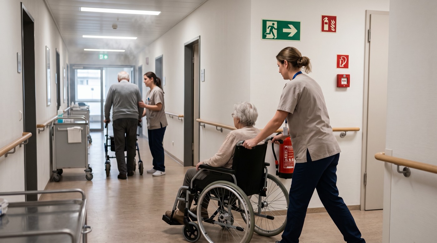Pflegekräfte bringen Bewohner über den Gang in Sicherheit, KI-erzeugtes Bild